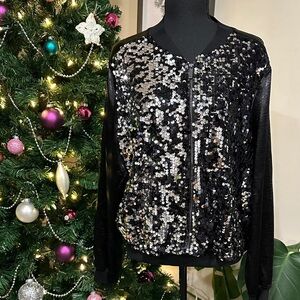 *LIBBY EDELMAN* Black Sparkling Sequin Bomber Zip-Up Jacket Size XL